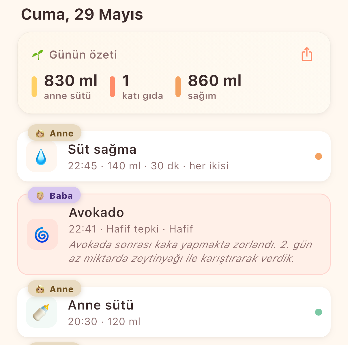 Milk & Spoon takvim günün akışı — Anne ve Baba'nın kayıtları: süt sağma, avokado gözlemi, anne sütü