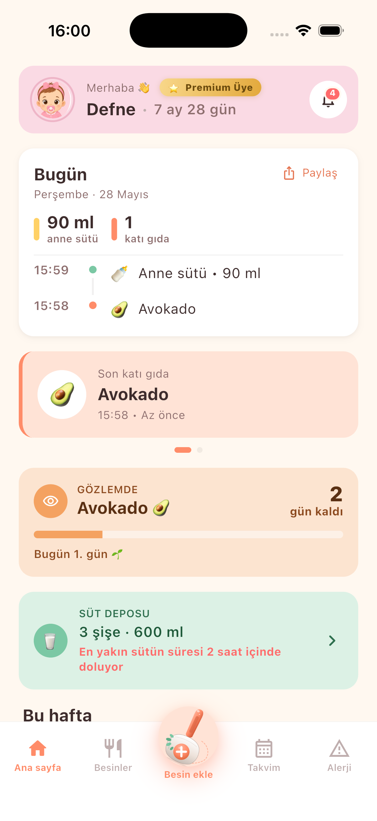 Milk & Spoon ana sayfa — Defne, 7 ay 28 gün: 3 gün kuralı, Avokado gözlemde, süt deposu